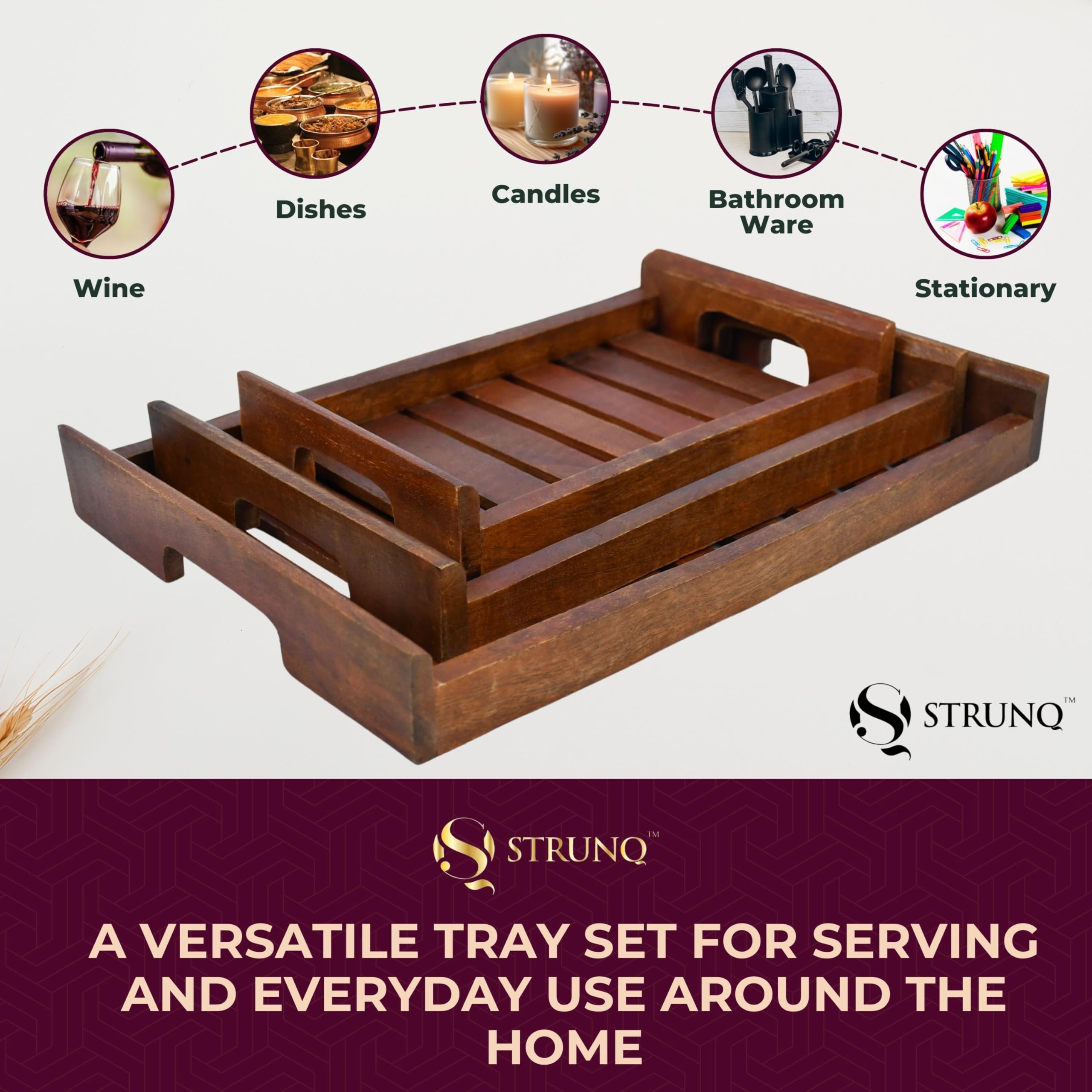 Strunq Wooden Tray Set For Serving, Serving Tray Set Of 3  Wooden Trays With Handles In Large, Medium & Small, Perfect For Coffe